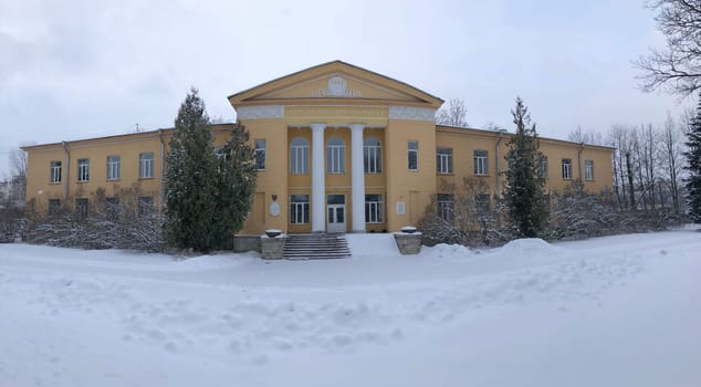 St. Petersburg  Russia  February 4, 2023 the building of the Argo Physics Institute a monument of architecture panorama, winter landscape