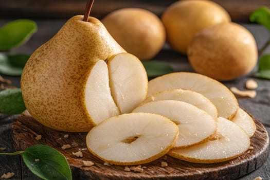 Juicy slices of a golden pear lay beautifully arranged on a rustic wooden board with whole fruits in the background.