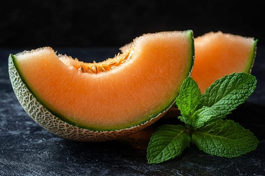 Refreshing cantaloupe slices rest beside vibrant mint leaves, showcasing a delightful summer snack against a dark background.