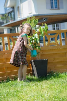 Happy little girl watering plants in the garden