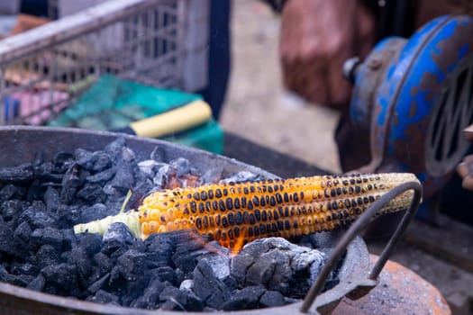 Fresh Raw Yellow corn roasted on fire from black carbons