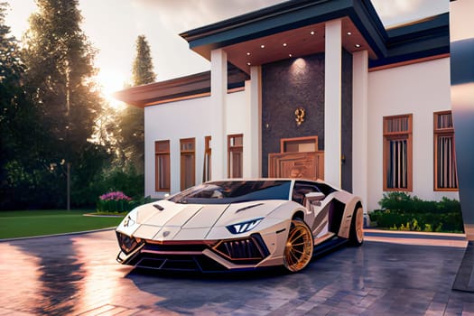 Extravagant Wealthy Car in Front of Luxury Villa. Generative AI