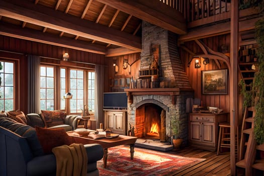 Chalet Cozy Interior  and Fireplace.  Modern Cottage Living Room Decor with Wood Wall and Furniture. Rustic Home Design.  Generative AI.