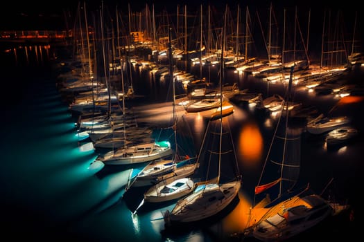 Boats in the harbor at night.  Marina at Night.  Generative AI.