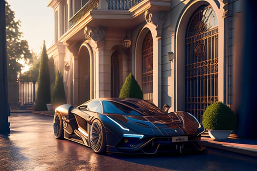 Extravagant Wealthy Car in Front of Luxury Villa. Generative AI