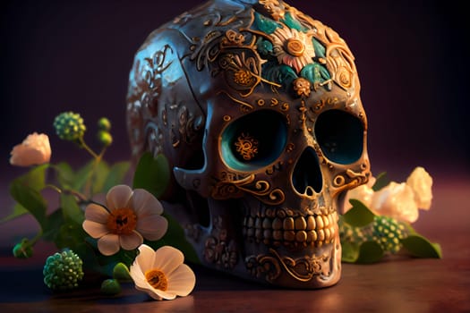 Decorated colorful skull.  Day of dead, Mexico.  Generative AI.