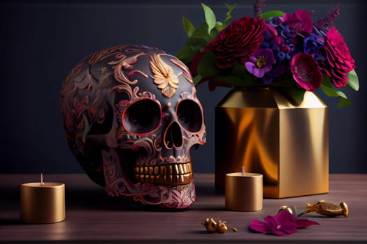 Decorated colorful skull.  Day of dead, Mexico.  Generative AI.