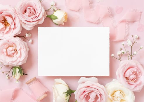 Paper card between light pink roses and silk ribbons on pink top view, wedding mockup. Romantic scene with horizontal blank card and pastel flowers flat lay. Valentines, Spring or Mothers day concept