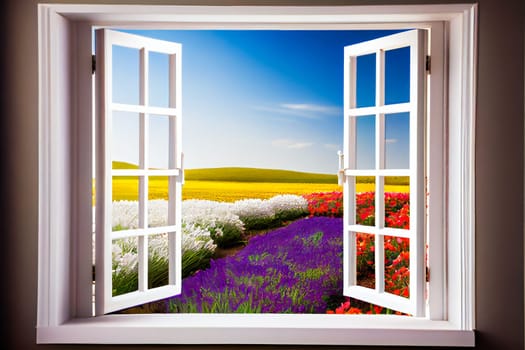 Window with  landscape view.  Open window to the garden. Generative AI.
