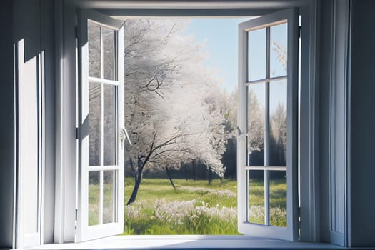Window with  landscape view.  Open window to the garden. Generative AI.