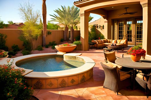 Backyard patio area.  Outdoor living.  Generative AI.