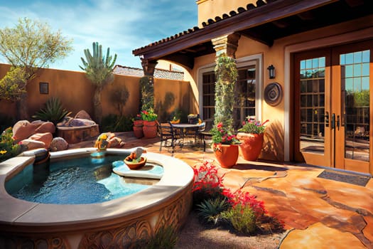 Backyard patio area.  Outdoor living.  Generative AI.