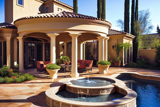 Backyard patio area.  Outdoor living.  Generative AI.