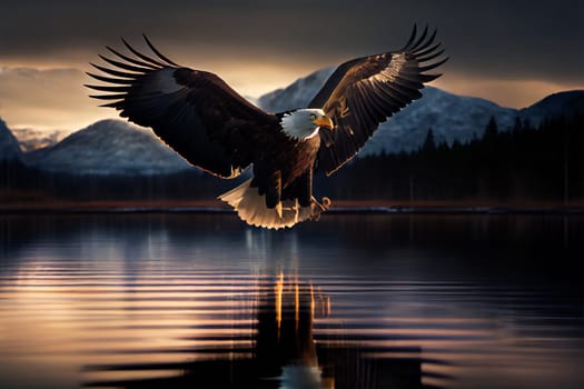Bald Eagle Mid-Air Flight Moment. Generative AI.