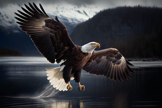 Bald Eagle Mid-Air Flight Moment. Generative AI.