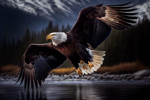 Bald Eagle Mid-Air Flight Moment. Generative AI.
