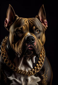 American Bully dog with gold chain on black background.  Generative AI.