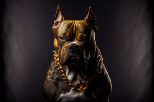 American Bully dog with gold chain on black background.  Generative AI.
