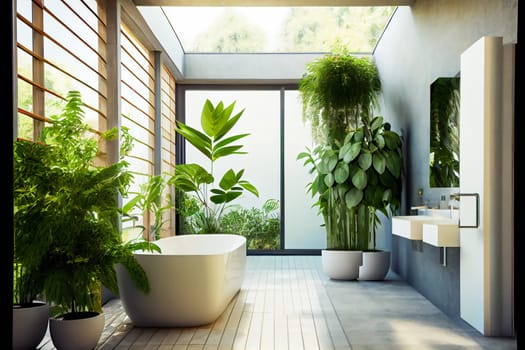 Bathroom interior decorated with green plants.   Modern comfortable bathroom.  Generative AI.