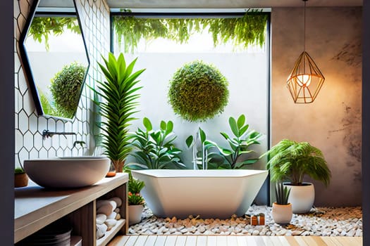 Bathroom interior decorated with green plants.   Modern comfortable bathroom.  Generative AI.