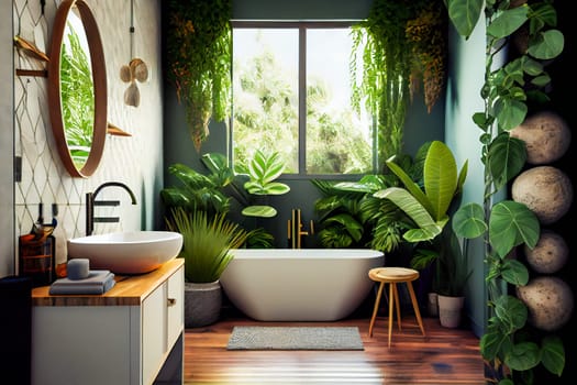 Bathroom interior decorated with green plants.   Modern comfortable bathroom.  Generative AI.