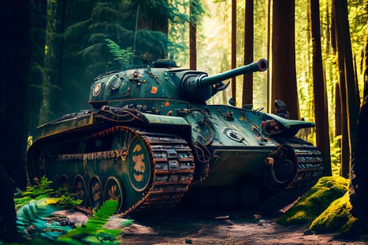Battle tank in the  forest.  Generative AI.