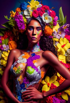 Beautiful flower queen.  Girl flower Fantasy.  Young women with a  flowers.  Generative AI.