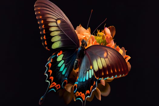 Beautiful butterfly on a flower on a black background.  Generative AI