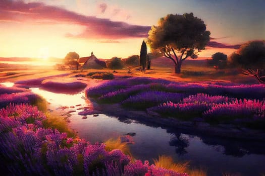 Beautiful lavender field at sunset.  Generative AI.