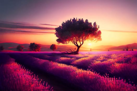 Beautiful lavender field at sunset.  Generative AI.