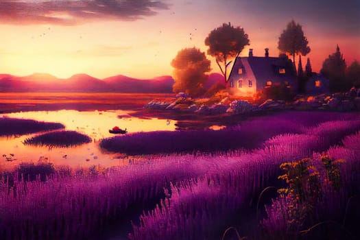 Beautiful lavender field at sunset.  Generative AI.