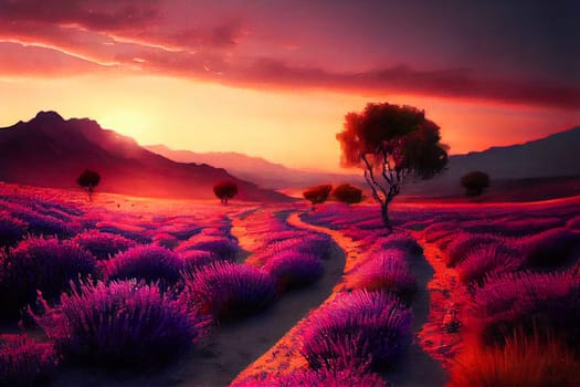 Beautiful lavender field at sunset.  Generative AI.