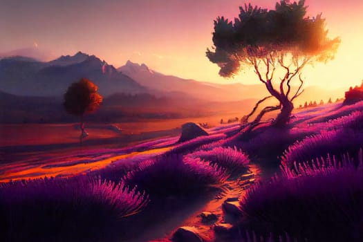 Beautiful lavender field at sunset.  Generative AI.