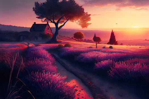 Beautiful lavender field at sunset.  Generative AI.