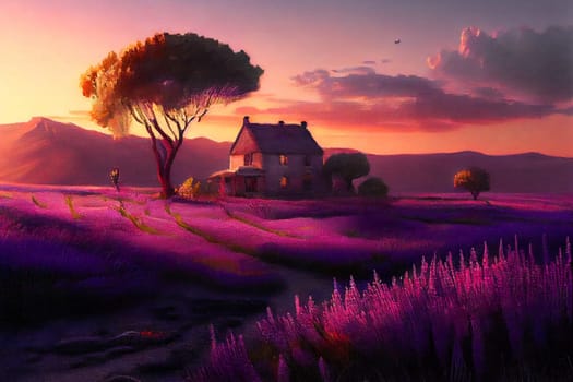 Beautiful lavender field at sunset.  Generative AI.