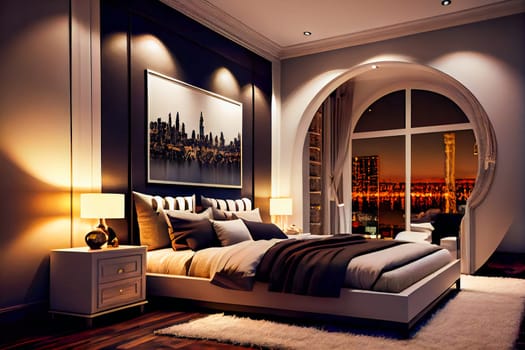 Luxuriate in the Ambiance of a Modern Luxury Bedroom with Night Lights.  Generative AI.
