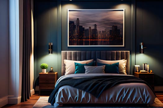 Luxuriate in the Ambiance of a Modern Luxury Bedroom with Night Lights.  Generative AI.