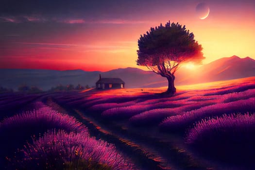 Beautiful lavender field at sunset.  Generative AI.