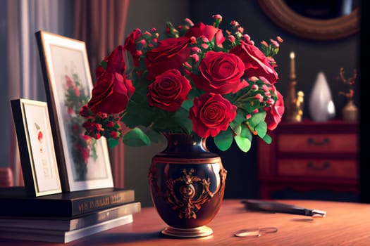 Beautiful red roses in vase.  Generative AI.