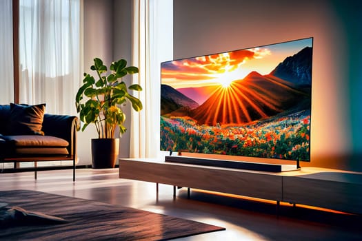 Big Tv In A Living Room.  Elegant living room with big tv screen.  Generative AI.