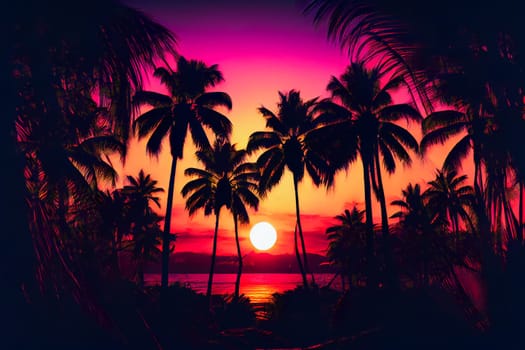 Blue palm trees at sunset.  Generative AI.