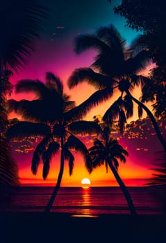 Blue palm trees at sunset.  Generative AI.