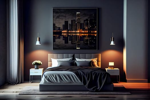 Luxuriate in the Ambiance of a Modern Luxury Bedroom with Night Lights.  Generative AI.