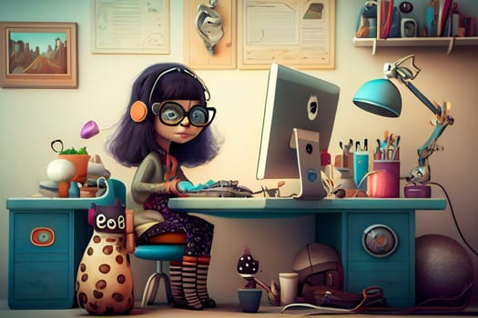 Businesswoman Working at Home in Cartoon Style. Generative AI