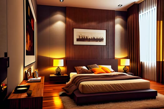 Luxuriate in the Ambiance of a Modern Luxury Bedroom with Night Lights.  Generative AI.