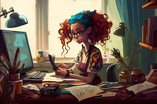 Businesswoman Working at Home in Cartoon Style. Generative AI