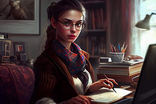Businesswoman Working at Home in Cartoon Style. Generative AI