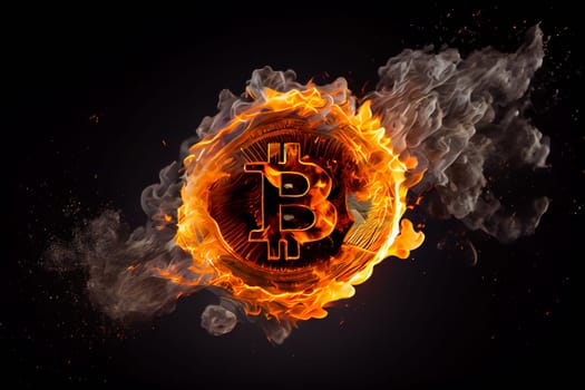 Bitcoin coin burning in flames.  Generative AI.