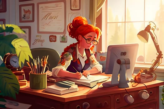 Businesswoman Working at Home in Cartoon Style. Generative AI