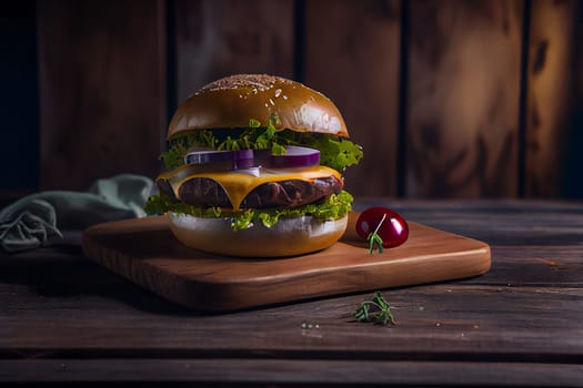 Cheesburger on wooden table.  Burgers on rustic wooden table.  Generative AI.
